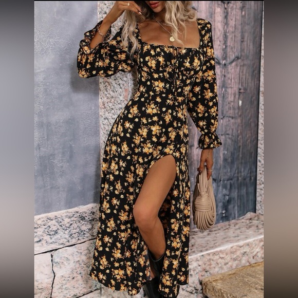 Boho floral print square neck slit thigh maxi dress - Picture 1 of 13
